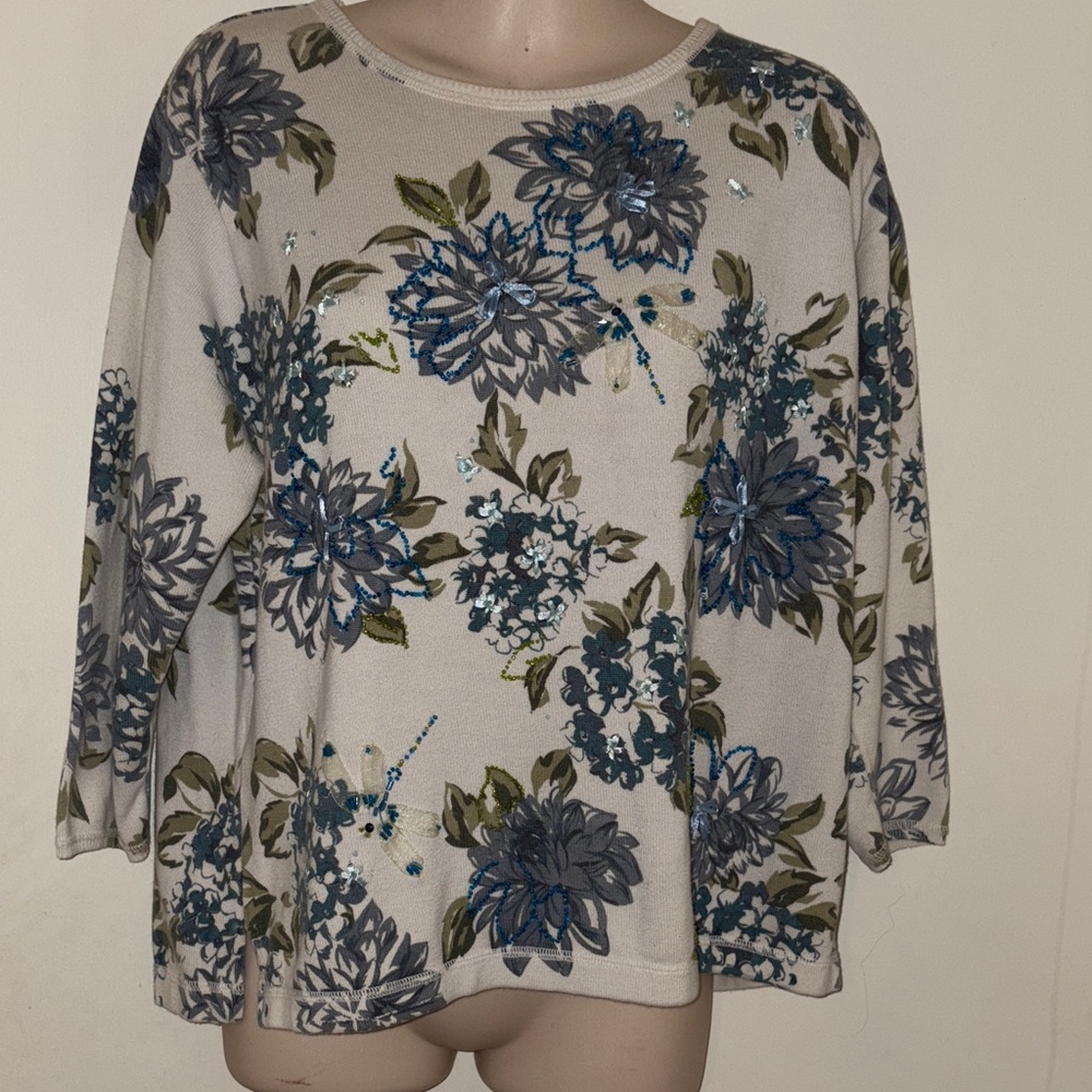 Susan Bristol Floral Print Women's Top - Blue and Green Size Large